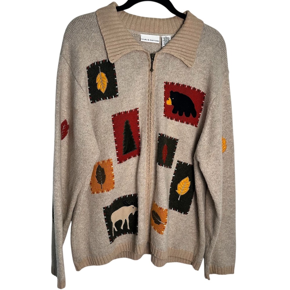 Croft & Barrow Full Zip Sweater Womens XL Tan Patchwork Nature‎ Bear Moose Leaf